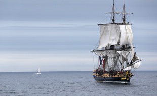 EXLUSIVE-The French navy's anti-submarine frigate Latouche-Treville, sails out into the port of Brest to welcome the frigate Hermione and its 80-member crew. The three-mast Hermione, an exact replica of the original, is returning from its voyage to the United States to commemorate the Marquis de Lafayette's crossing of the Atlantic to fight in the American Revolution. In 1781, Lafayette sailed to Boston aboard the Hermione, captained by Commandant Louis-Rene-Madeleine Le Vassor de Latouche-Treville. The Latouche-Treville frigate is named after the renowned count who, enjoying the confidence of King Louis XVI , was entrusted with the command of the Hermione from 1779 to 1782. /APERCU_1300.24/Credit:Alain ROBERT/Apercu/SIPA/1508101311