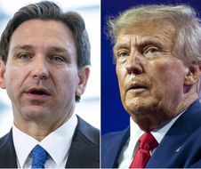 (Montage) Le gouverneur de Floride Ron DeSantis s'exprimant le 21 avril 2023 à Oxon Hill (Maryland), à gauche, et l'ancien président Donald Trump s'exprimant le 4 mars 2023 au National Harbor à Oxon Hill (Maryland), à droite.