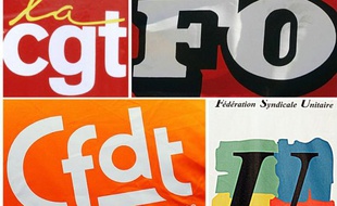 Montage de photos en date du 3 décembre 2014 présentant les logos de quatre syndicats: CGT, FO, CFDT and FSU.