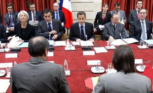 Nicolas Sarkozy, François Fillon, et Christine Lagarde, lors du sommet social à l'Elysée, le 10 mai 2010.
