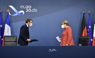 Emmanuel Macron et Angela Merkel à Bruxelles, le 21 juillet 2020. (illustration)