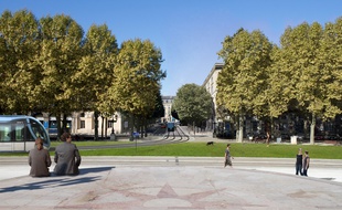 Image de synthèse de la ligne D du tramway au niveau de la place des Quinconces