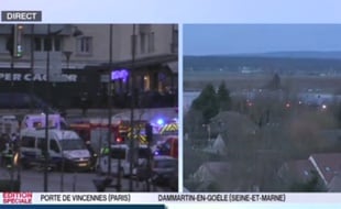 Capture d'écrans des vidéos des assauts donnés contre des terroristes retranchés à Paris et en Seine-et-Marne, le 9 janvier 2015.