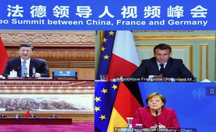 La précédente visioconférence le 16 avril 2021 entre Xi Jinping, Emmanuel Macron et Angela Merkel.