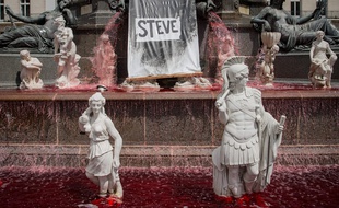 La fontaine de la place Royale, à Nantes, a été colorée en rouge sang après la découverte du corps de Steve Caniço.