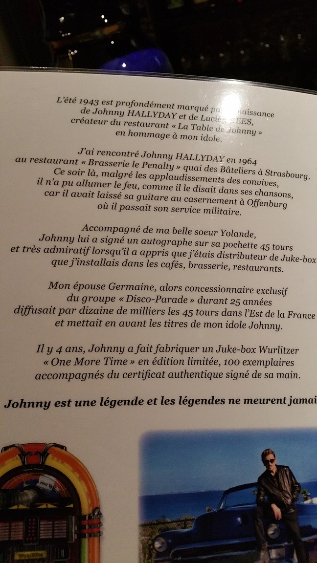 Le mot d'explication des patrons de La Table de Johnny, au dos d'un menu au caveau du restaurant.