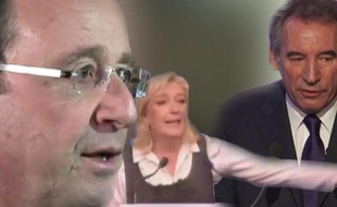 Capture d'image représentant, de gauche à droite, François Hollande, Marine Le Pen et François Bayrou, candidats à l'élection présidentielle de 2012.