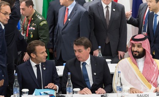 Emmanuel Macron, et Jair Bolsonaro au sommet du G20 à Osaka, au Japon, le 28 juin 2019.