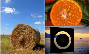 Tous les ronds sont dans la nature : une meule de foin, une orange, un panneau sur le lac Léman