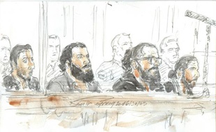 Un croquis d'audience fait le 30 mai 2016 lors du procès à Paris de sept Strasbourgeois dont le frère d'un kamikaze du Bataclan