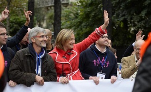 Ludovine de la Rochère, présidente du collectif de la Manif pour tous, défile le 5 octobre 2014 à Paris