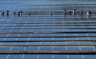 Les gens marchent entre les panneaux solaires lors de l'inauguration d'une ferme solaire à Giuncaggio le 8 octobre 2019, en Corse.