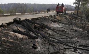 Des pompiers ukrainiens surveillent l'apparition de nouveaux foyers après l'extinction d'un feu de forêt à une vingtaine de kilomètres de l'ancienne centrale de Tchernobyl, le 28 avril 2015