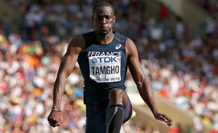 Le Français Teddy Tamgho champion du monde de triple saut le 18 août 2013 à Moscou.