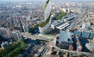 Vue aérienne de la future Tour Occitanie , haute de 150 m de haut, qui doit voir le jour dans le quartier de la gare.