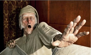 Jim Carrey dans le rôle de Scrooge, un homme d'affaires cupide et sans scrupules.