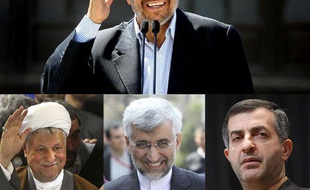 Le président Iranien sortant, Mahmoud Ahmadinejad, et de gauche à droite les candidats à sa succession: Hashemi Rafsanjani, Saeed Jalili et Rahim Mashaie.