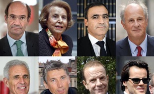 Les principaux protagonistes de l'affaire Bettencourt (de gauche à droite et de haut en bas): Eric Woerth, Liliane Bettencourt, Pascal Wilhelm, Patrice de Maistre, Carlos Vejarano, Stéphane Courbit, François-Marie Banier et Martin d'Orgeval