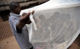 Un homme explique à des enfants l'utilisation d'une moustiquaire imprégnée d'insecticide, en 2009 au Soudan