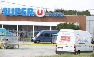 Le Super U de Trèbes, dans l'Aude, où a eu lieu l'attaque terroriste, le 23 mars 2018.