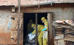 Des membres de la Croix-Rouge emportent le corps d'une victime d'Ebola à Freetown, le 12 novembre 2014