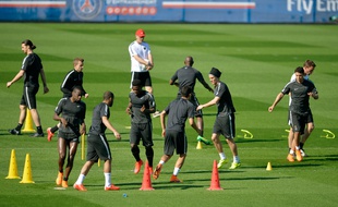 Les joueurs du PSG lors d'un entraînement au Camp des Loges, le 14 avril 2015 à Saint-Germain-en-Laye.