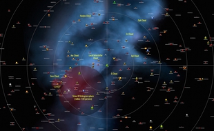 Détail d'une vue projetée depuis le dessus du plan galactique du catalogue des astres à moins de 10 parsecs, ou 30 années-lumière, soit 300 000 milliards de kilomètres