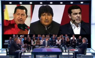François Langlet (assis, à g.), face à Jean-Luc Mélenchon, dans «Des paroles et des actes», le 26 mai 2016.