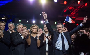 Gérard Larcher et Valérie Pécresse aux côtés de François Fillon, en meeting, en 2017.