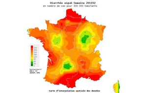 Capture d'écran de la carte des cas de diarrhée aiguë constatés dans la semaine du 26 décembre 2011 au 1er janvier 2012 par le réseau Sentinelles.