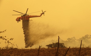Un hélicoptère bombardier d'eau à Bumbalong en Australie, le 1er février 2020.