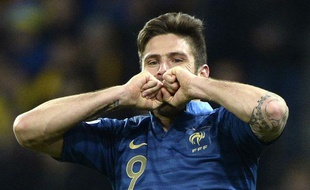 L'attaquant de l'équipe de France Olivier Giroud, le 16 novembre 2013, à Kiev, contre l'Ukraine.