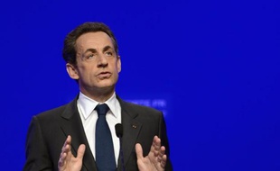 Nicolas Sarkozy (UMP), candidat à la présidentielle 2012 s'adresse à ses militants après les résultats du deuxième tour, à Paris la "La Mutualité" le 6 mai 2012.