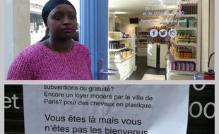 Anne-Marie Mendy devant sa boutique du 2e arrondissement où a été placardée une affiche raciste