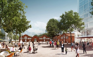 Vue d'artiste de la place de la Halle dans le future quartier de la Cartoucherie