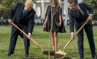 onald Trump et Emmanuel Macron ont jeté une pelletée de terre sur un chêne offert par la France aux Etats-Unis, le 23 avril 2018.