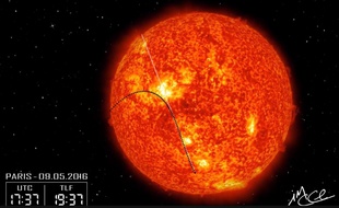 Simulation du transit de Mercure devant le Soleil le 9 mai 2016.