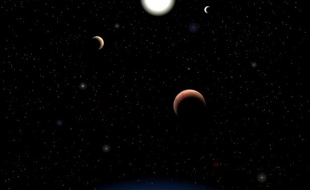 Vue d'artiste du système de planètes-candidates de Tau Ceti, situé à 11,9 années-lumières de la Terre.