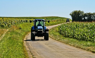 Un tracteur sur une route de campagne.
