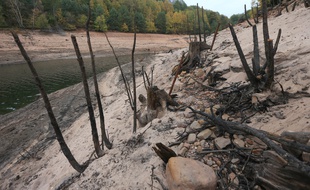 Baisse du niveau de l'eau au lac de Pierre-Percée, en Lorraine. Sécheresse. Le 25 octobre 2018.