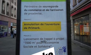 Une des fausses affiches annonçant l'annulation de l'ouverture du magasin Primark. .
Capture d'écran de la page Facebook La Coopérative Sociale, Écologique et Citoyenne. Strasbourg le 22 février 2020.