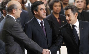 Alain Juppé, François Fillon et Nicolas Sarkozy lors de l'hommage à Aimé Césaire, le 6 avril 2011.
