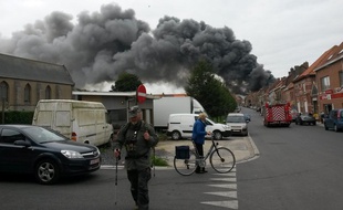 Le panache de fumée aux abords de Clarebout Potatoes, à Nieuwkerke (Belgique)