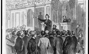 Croquis du procès du président américain Andrew Johnson, en 1868.