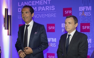 Patrick Drahi et Alain Weill lors du lancement de BFM Paris le 8 novembre 2016