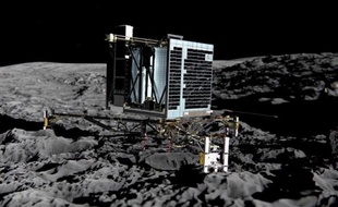 Le robot Philae sur la surface de la comète Tchourioumov selon un dessin d'artistes diffusé le 20 décembre 2013 par l'Agence spatiale européenne
