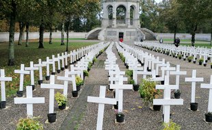 Alignement de croix blanches à Sainte-Anne d'Auray, dans le Morbihan, en hommage aux agriculteurs qui se sont suicidés.