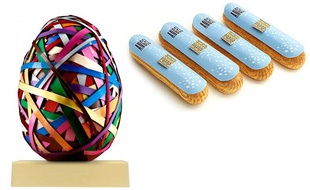 Œuf Supramat d’après Beat Zoderer, Pierre Hermé, 210 euros. Le nouvel éclair Angel par Fauchon sera disponible du 19 mai au 7 juin dans la boutique parisienne de Fauchon, place de la Madeleine, à 7 euros l'unité.