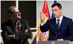 A gauche, le président indépendantiste catalan Quim Torra, à droite le nouveau chef du gouvernement espagnol Pedro Sanchez.(photomontage)