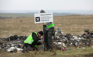 Des enquêteurs néerlandais placent un panneau devant des débris du vol MH17 près du village de Grabove, dans l'est séparatiste de l'Ukraine, le 11 novembre 2014